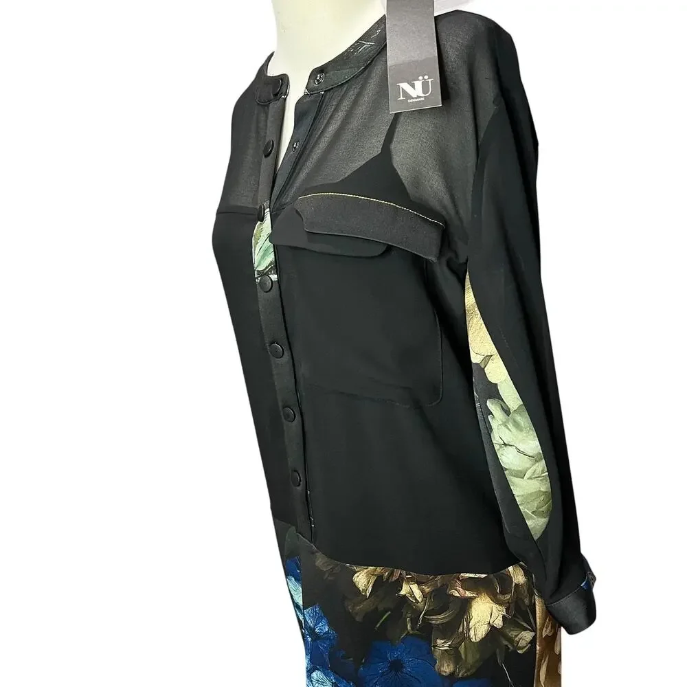 NU Denmark Dress Womens XS Black Blue Floral Sheer Button Romantic Goth Boho NEW